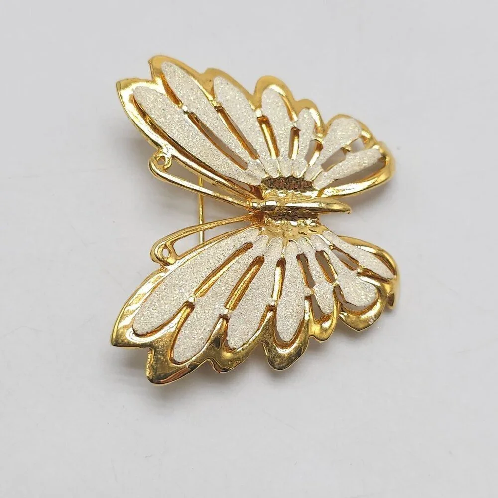 AAI White Sparkle Enamel Butterfly Brooch Pin Gold Tone Iridescent Vintage